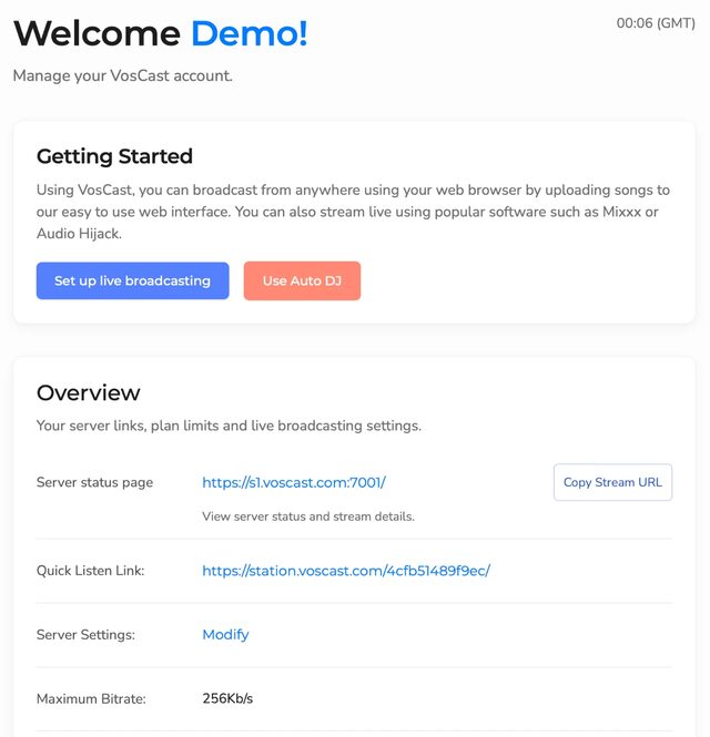 VosCast control panel: Account overview