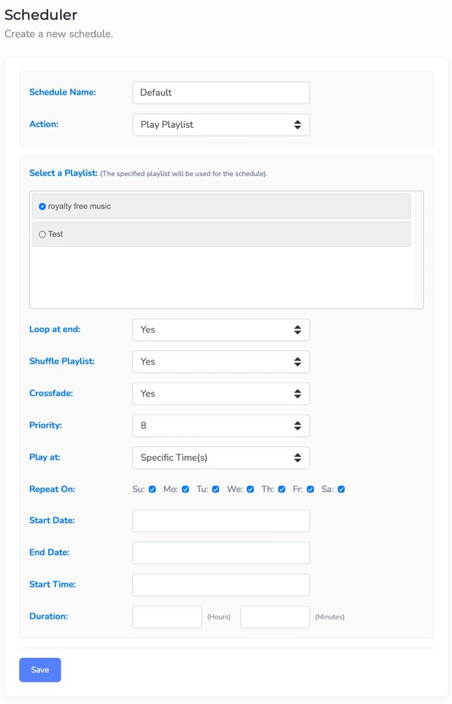VosCast control panel: Auto DJ scheduler